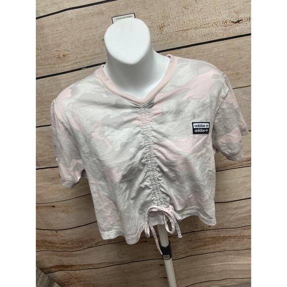 Adidas Womens Crop Top Shirt Size Small Cinch Front Pink Camo Short Sleeve - Picture 10 of 11